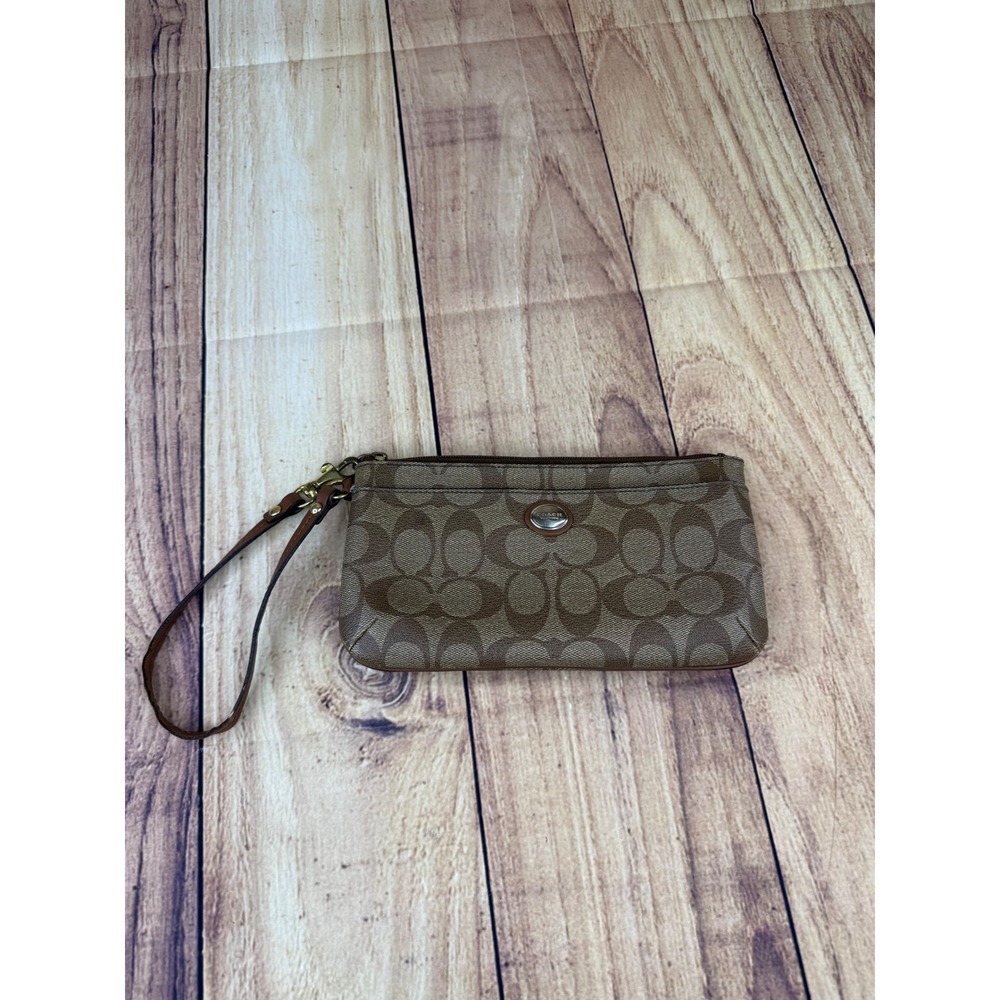 Coach Signature Monogram Wristlet Brown Tan Coated Canvas Zip Clutch Bag